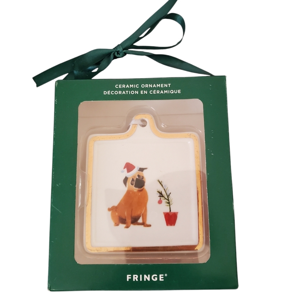 NIB Fringe Studio Dog/Pug Square White/Gold Ceramic Ornament